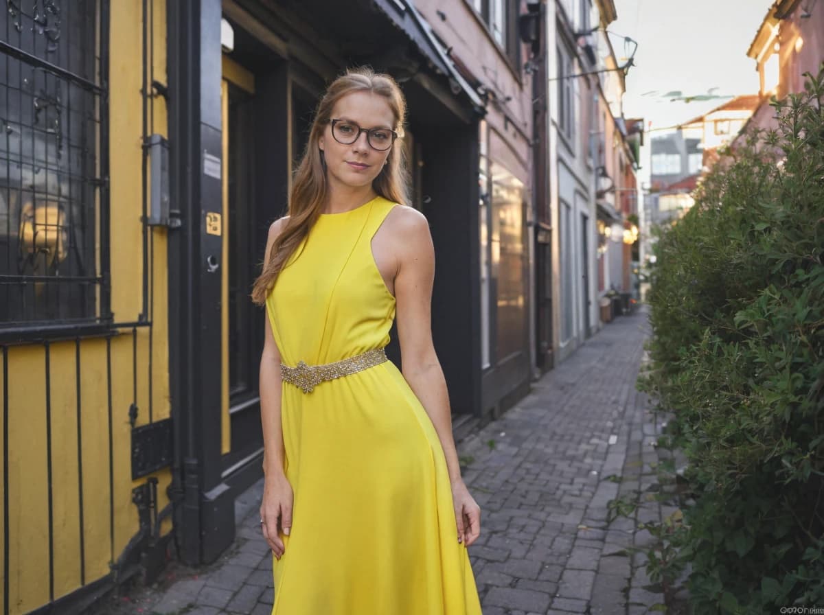 A woman in a sleeveless yellow dress with a bejeweled waistband stands on a cobblestone street next to a yellow building with black trim and a window with bars. The narrow street is lined with various buildings and greenery under a clear sky.