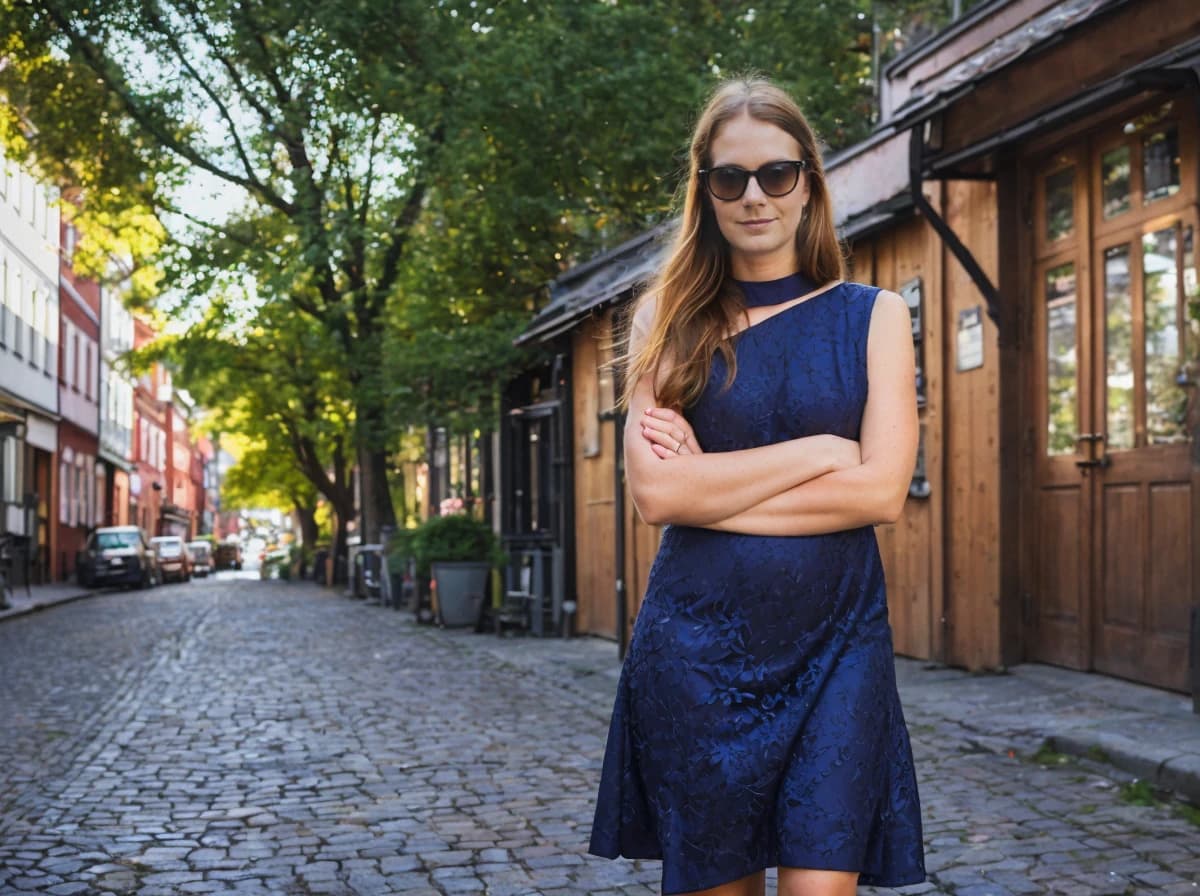 A woman wearing a navy-blue dress standing with their arms crossed on a cobblestone street lined with colorful buildings and trees, with a wooden door and windows in the background.