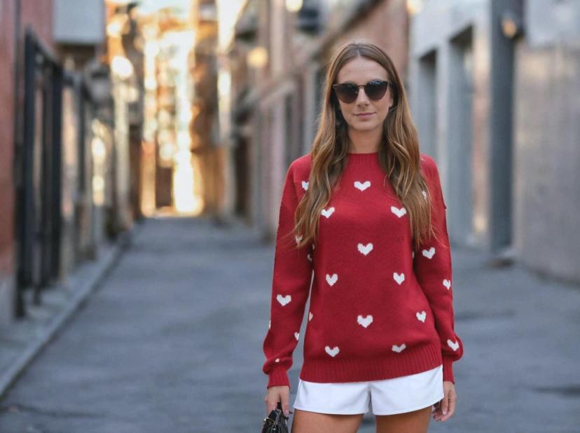 A woman stands in a narrow alleyway wearing a red sweater with white heart patterns and white shorts while holding a black handbag.