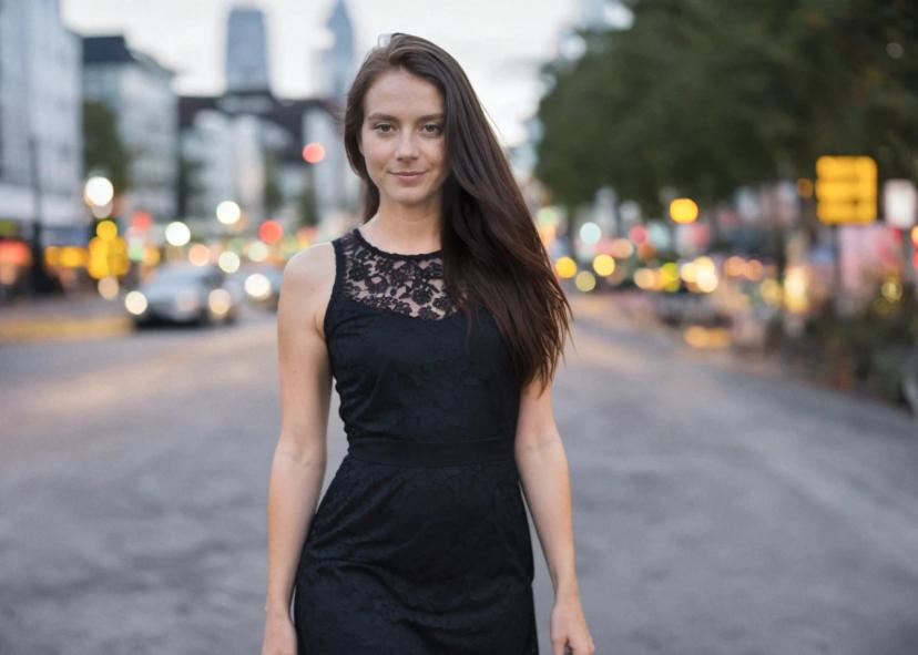 A woman wearing a black lace dress standing in the middle of a street with city lights and traffic blurred in the background during twilight.