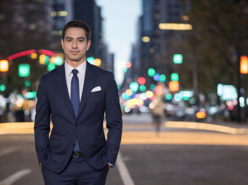 A man in a sharp navy blue suit with a tie and pocket square standing confidently with hands in pockets on a busy city street at twilight, with blurred city lights and traffic in the background.