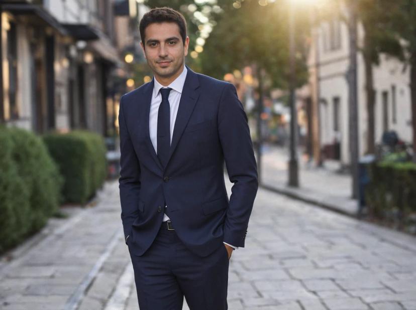 A man dressed in a sharp navy blue suit with a tie standing confidently on a cobblestone street, hands casually in pockets, against an urban backdrop with buildings and trees illuminated by a warm, sunset glow.