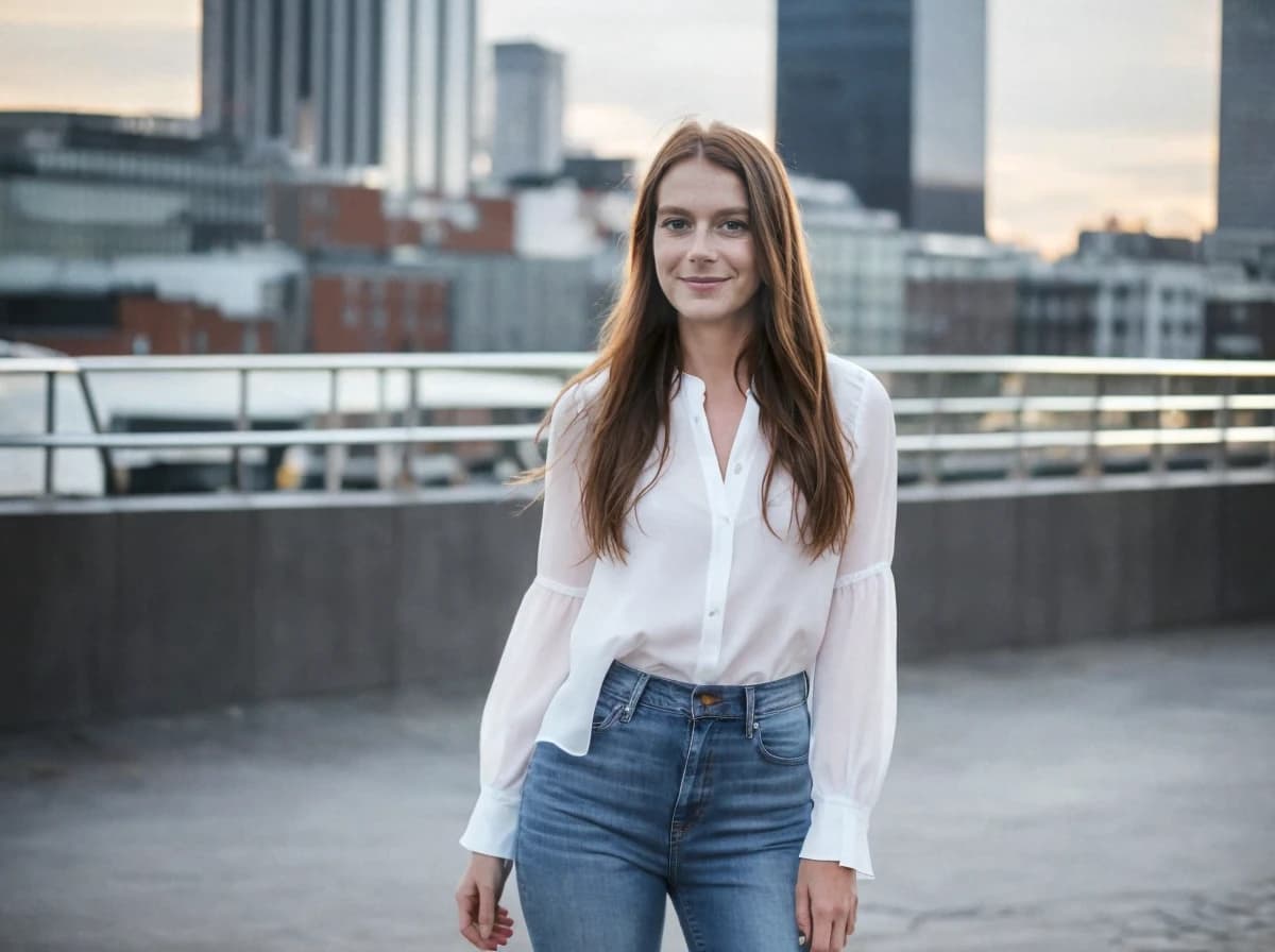 A woman standing on a rooftop wearing a white blouse and blue jeans with a city skyline in the background during twilight.