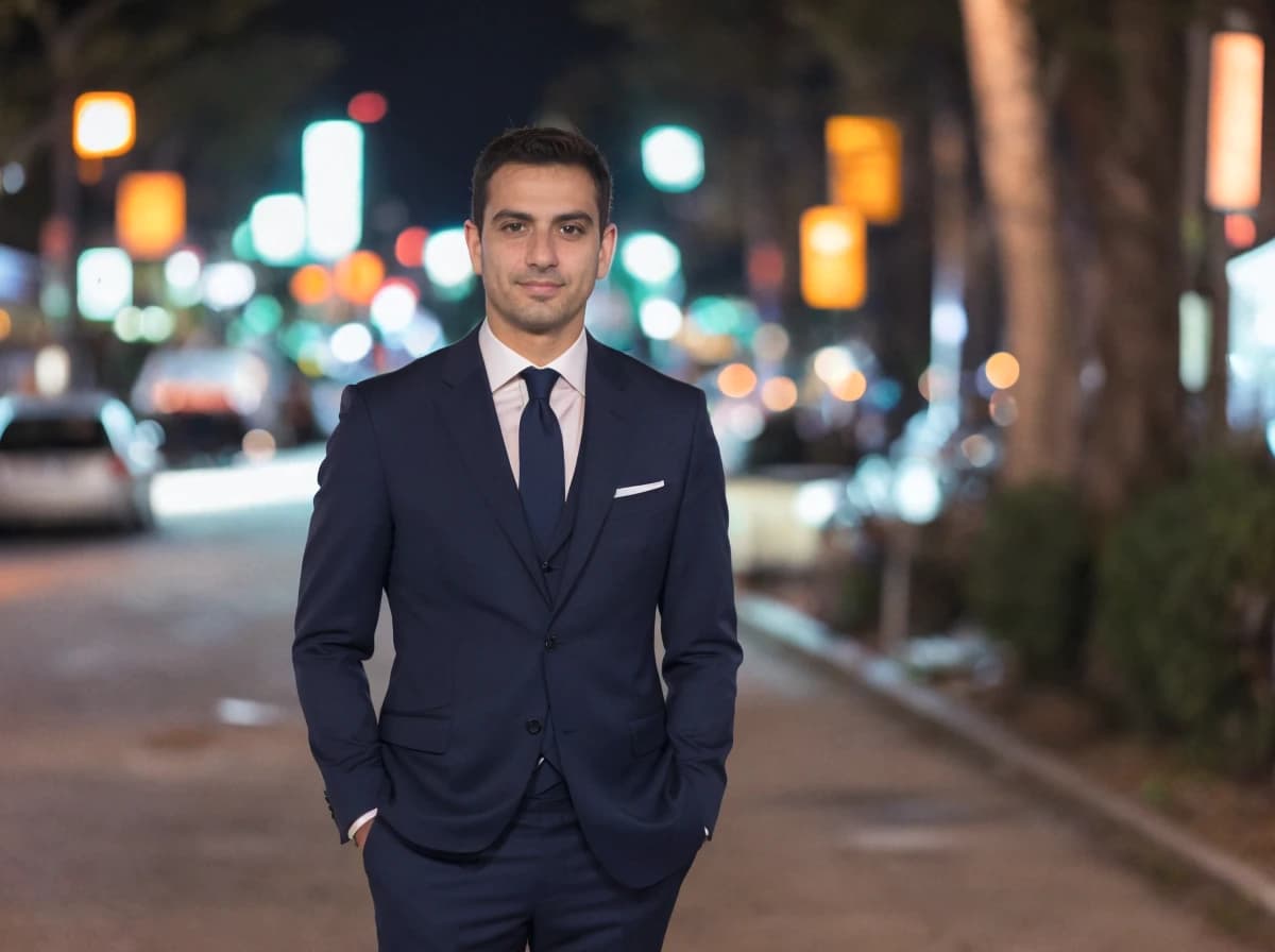 A man dressed in a sharp navy suit with a white shirt and a dark tie stands confidently in the center of the frame with his hands slightly tucked into his pockets. The background showcases a vibrant city street at night, illuminated by glowing lights from signs and streetlamps, with the defocused hustle of traffic and pedestrians giving a sense of urban activity.