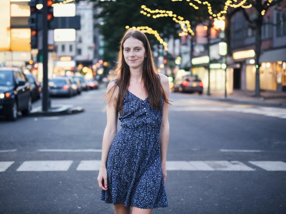 A woman in a blue sleeveless dress standing in the middle of a city street with cars and twinkling street lights in the background during dusk.