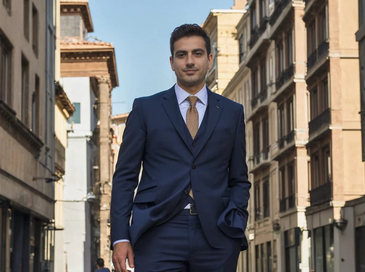 A man in a sharp blue suit with a tie and white shirt walking confidently down a narrow city street with classic European-style buildings lining either side. The person's left hand is visible and slightly holding the front of the suit jacket. The scene suggests a business or formal context, possibly in a historic urban setting.