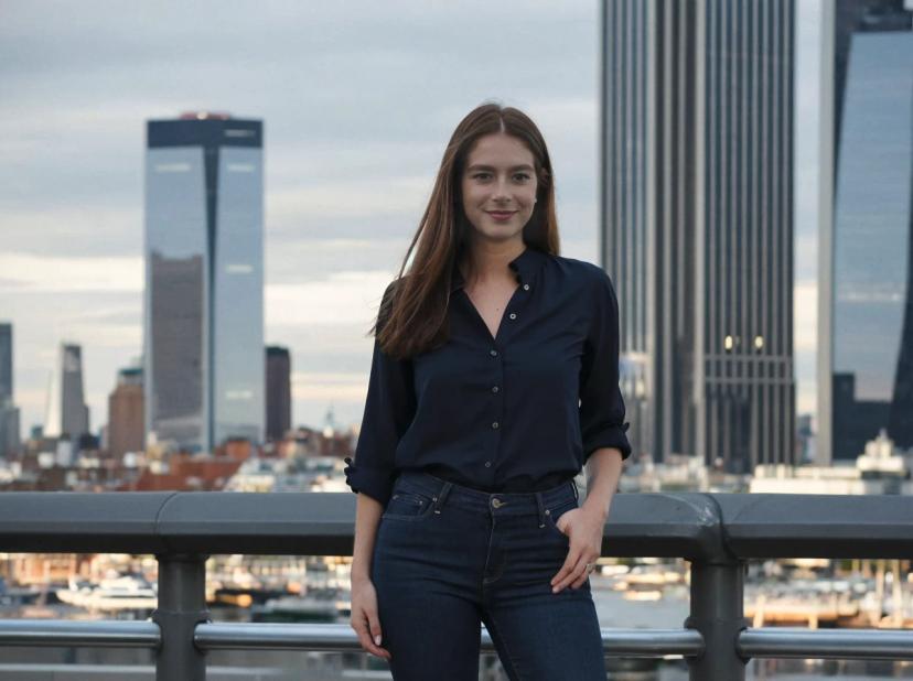 A woman wearing a dark blue shirt and blue jeans standing in front of a city skyline with high-rise buildings and water visible in the background. They are leaning on a metal railing with hands casually placed in front or by the sides.