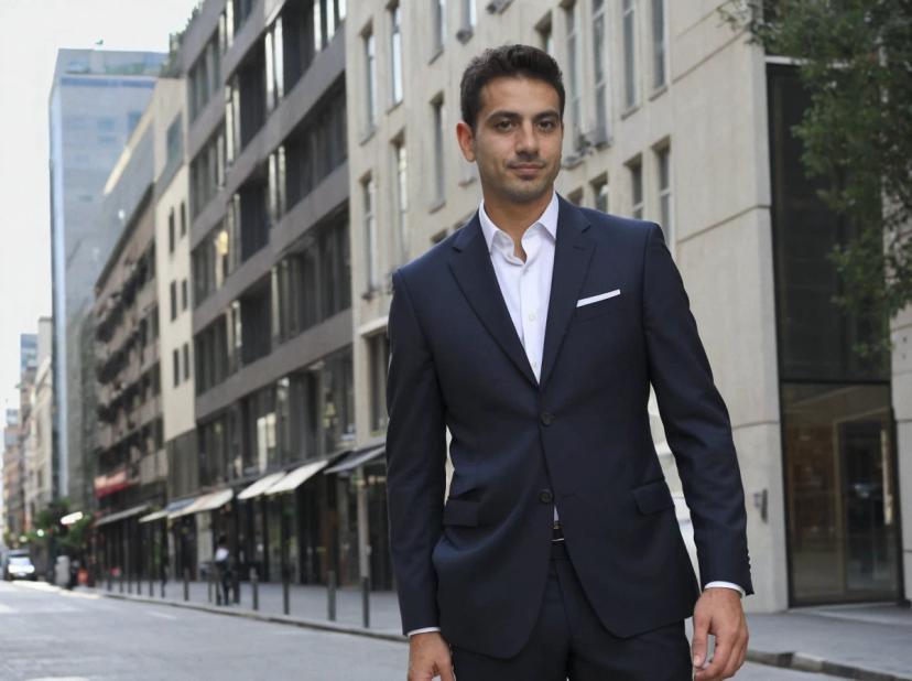 A man dressed in a sharp navy suit and white shirt stands on a city street lined with modern buildings.