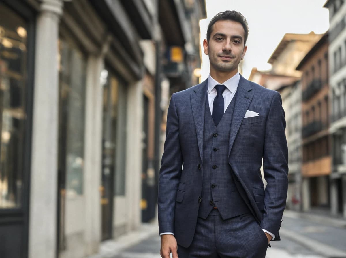 A man dressed in a sharp blue suit with a tie and pocket square, standing on a street with buildings in the background.