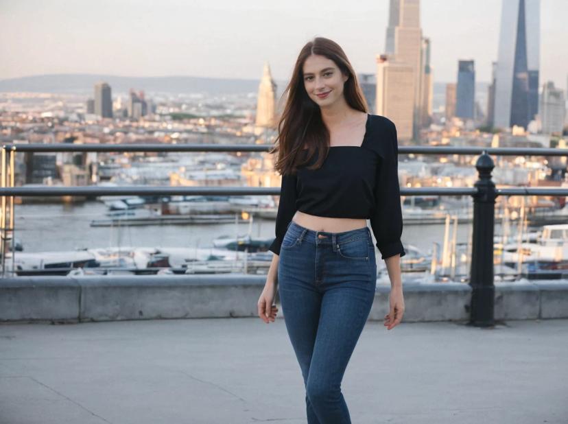 A woman wearing a black long-sleeved crop top and blue jeans stands on a rooftop with a city skyline and river in the background. There are buildings of varying heights and boats docked along the riverbank visible in the soft light of sunset.