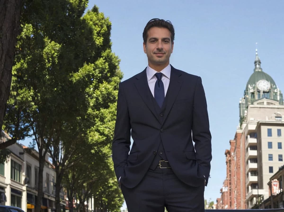 A man in a dark suit, white shirt and dark tie standing on a city street with trees and buildings in the background, including a building with a green dome.