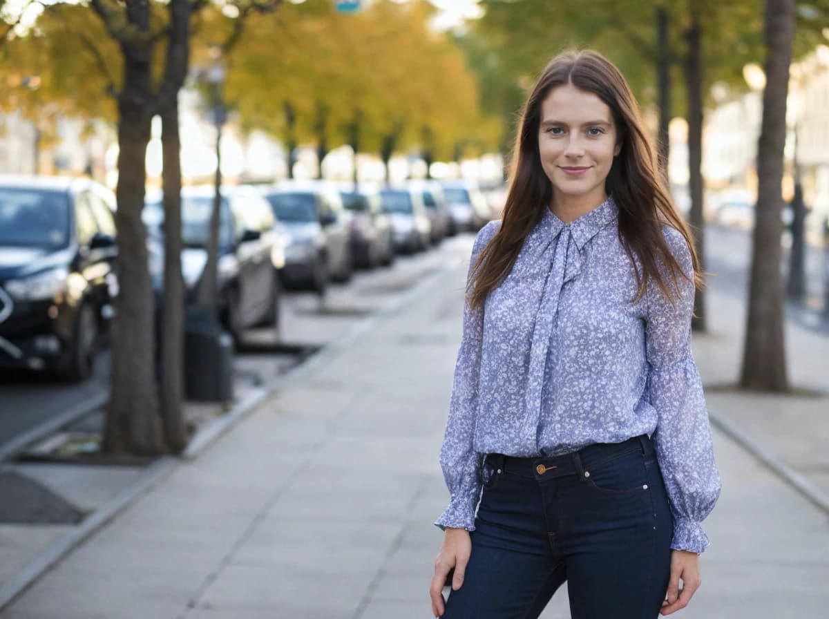 Woman standing on a sidewalk with rows of parked cars on the street and trees with fall foliage in the background. She is wearing a floral blue blouse paired with dark blue jeans.