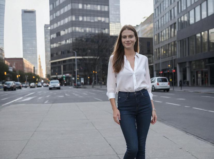 A woman standing in the middle of a city street with cars and buildings in the background during twilight. She is wearing a white shirt and blue jeans.