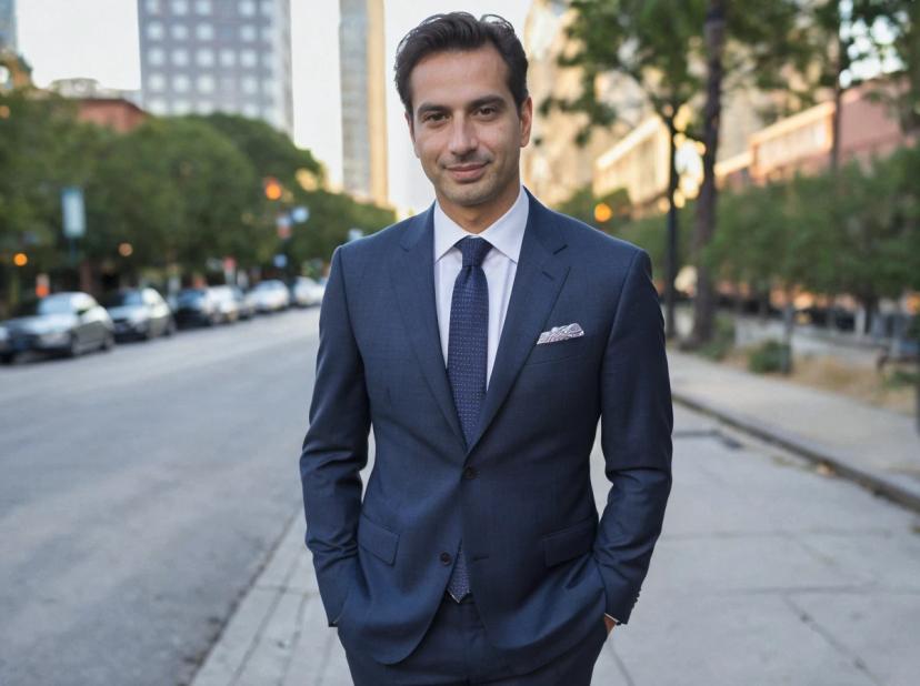 A man dressed in a sharp navy blue suit with a matching tie and a pocket square, standing on a city sidewalk with trees and parked cars in the background.