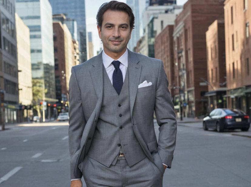 A man in a sharp grey three-piece suit with a white pocket square and dark tie stands confidently on a city street with buildings and cars in the background.