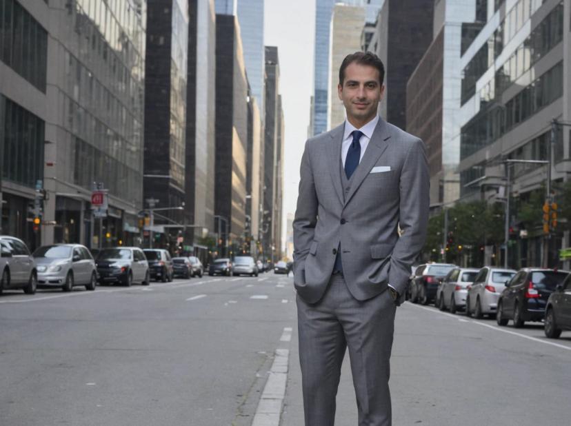 A man in a grey suit with a blue tie stands in the middle of an urban street lined with parked cars and skyscrapers.