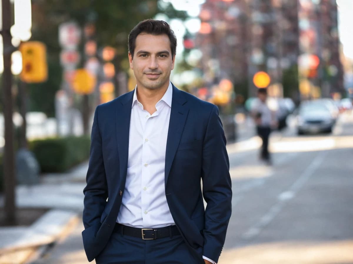 A man in business attire with a blue suit and white shirt walking on a city sidewalk with cars and traffic lights in the background.