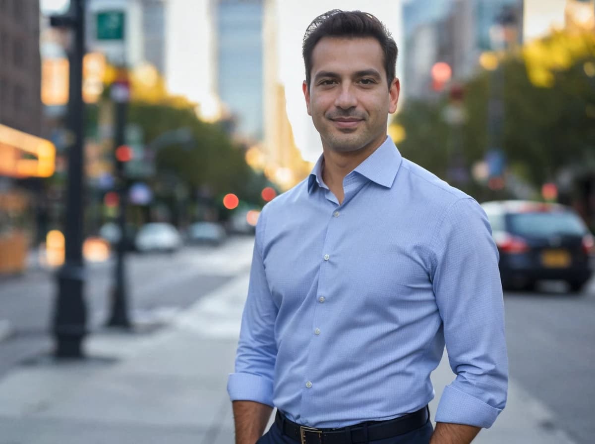 A man wearing a blue button-up shirt and dark pants stands confidently with hands on hips on a city street, with cars and autumn-colored trees in the soft-focus background.