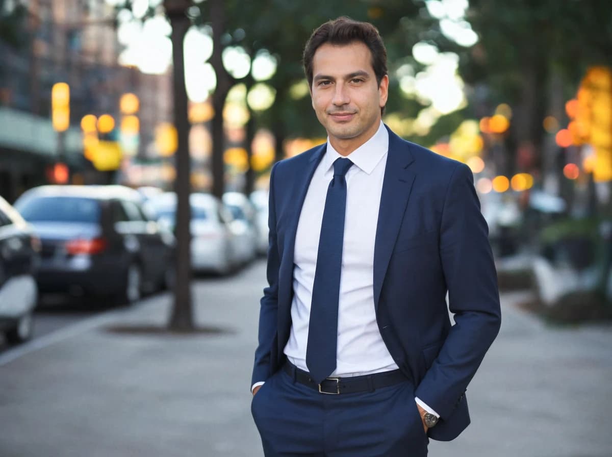 A man dressed in a sharp blue suit with a white shirt and a matching blue tie stands confidently on a city street, with cars parked along the road and illuminated shop windows in the background creating a warm, ambient lighting.