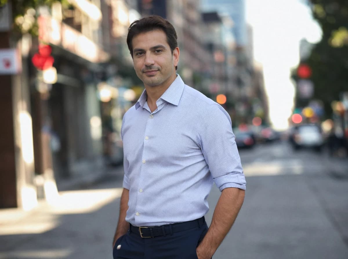 A man in a light blue shirt and dark blue trousers stands on a city street with cars and traffic lights in the background.