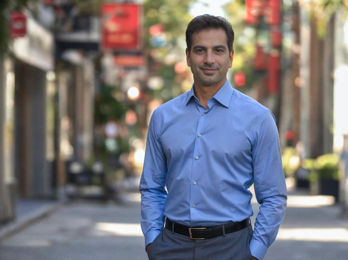 A man standing in the middle of a street wearing a light blue dress shirt and dark trousers with a black belt. The background is out of focus with visible street elements and trees lined up along the pavement.