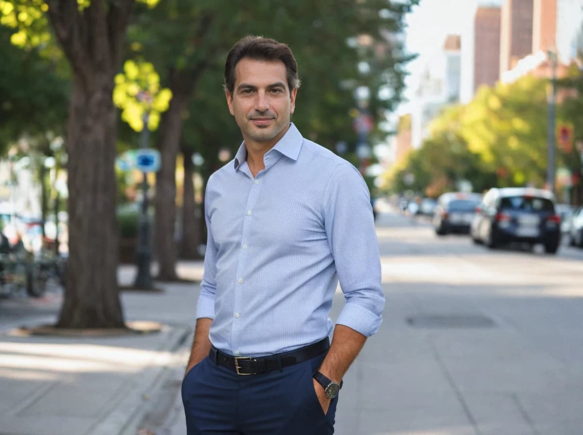 A man standing on a city sidewalk dressed in a smart-casual blue shirt and navy pants, wearing a wristwatch, with trees and parked cars in the background.