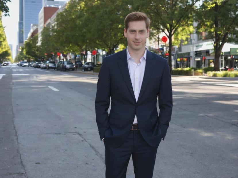 A man in a navy blue suit and white shirt standing on a sidewalk with trees and a city street in the background.