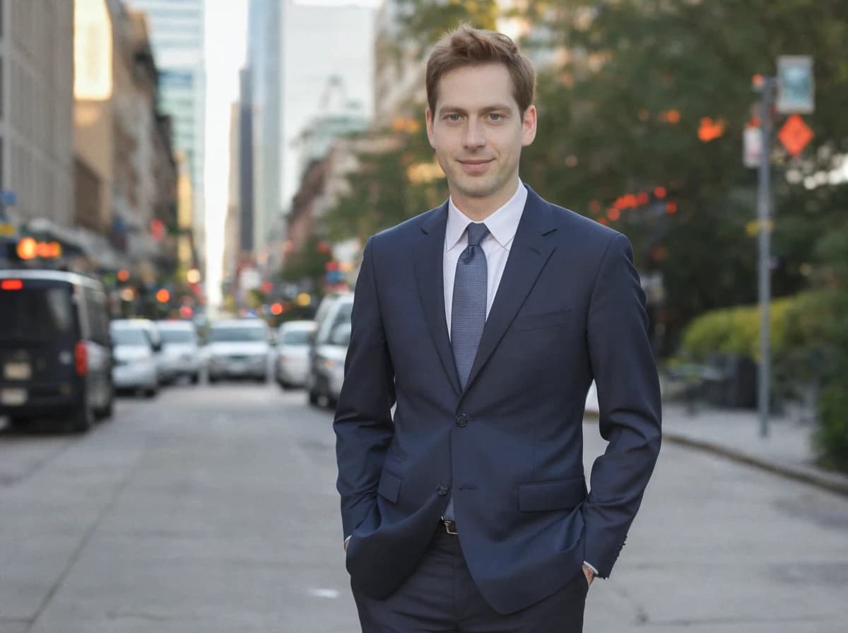 A man in a dark suit standing on a city street with cars and traffic lights in the background.