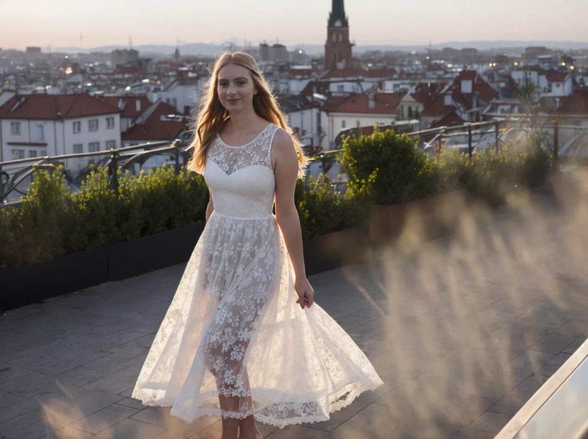 A woman in a white lace dress standing on a rooftop terrace with a picturesque cityscape in the background during sunset.