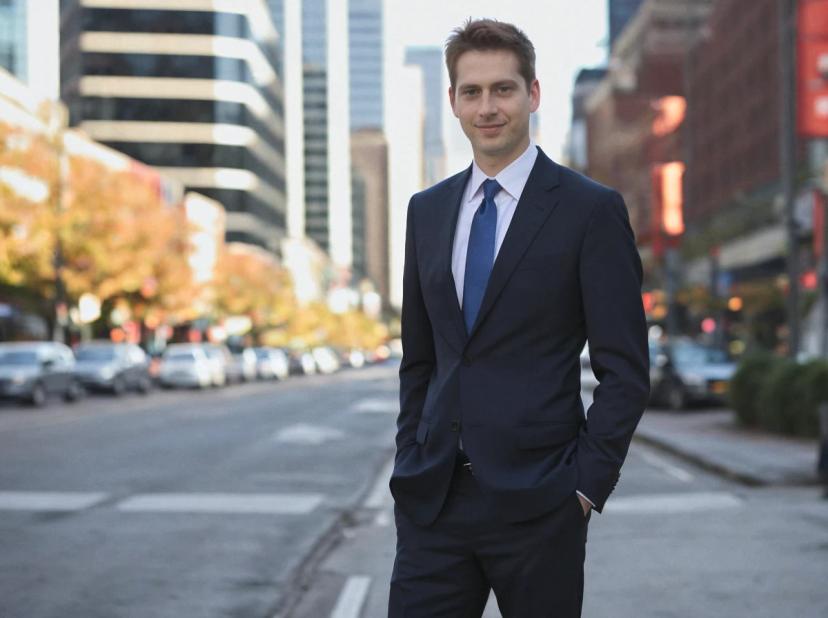 A man in a business suit standing on a city street with cars and buildings in the background.