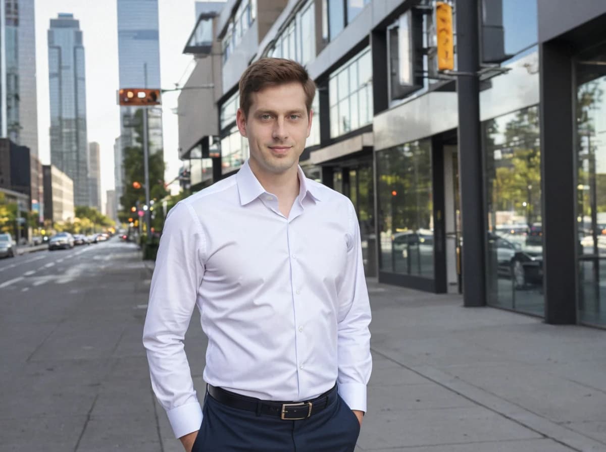 A man in a crisp white shirt and dark trousers standing on a sidewalk with a city street in the background, featuring traffic lights, cars, and modern buildings.