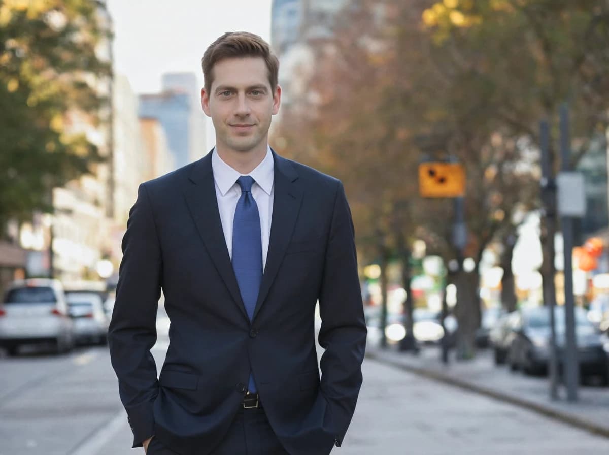 A man wearing a dark suit with a light blue tie standing on a city street with cars and trees in the background.