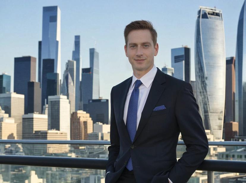 A man in a dark suit with a tie and pocket square standing on a balcony with a city skyline of tall skyscrapers in the background during daylight.