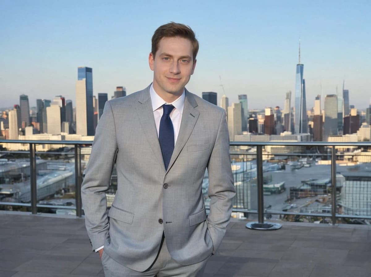 A man in a gray suit with a blue tie standing on a rooftop with a panoramic view of a city skyline featuring tall buildings, including a tall skyscraper, under a clear blue sky.