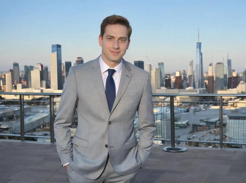 A man in a gray suit with a blue tie standing on a rooftop with a panoramic view of a city skyline featuring tall buildings, including a tall skyscraper, under a clear blue sky.