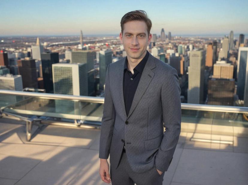 A man in a gray suit stands on a rooftop terrace with a view of a city skyline in the background during daylight. The terrace has glass balustrades and the cityscape includes numerous high-rise buildings under a clear blue sky.