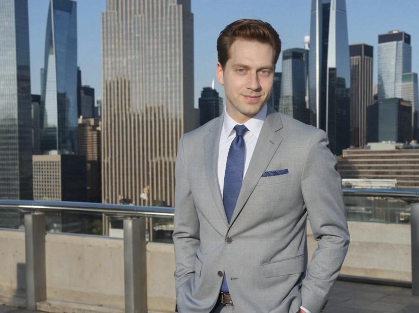 A man in a gray suit with a blue tie and pocket square stands confidently with hands in pockets against a backdrop of skyscrapers under a clear sky.