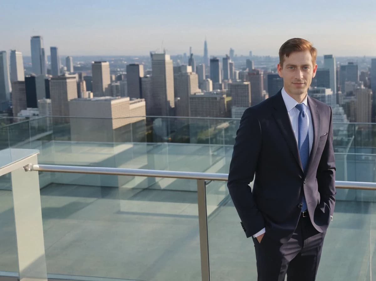 A man in a dark blue suit standing on a balcony with a clear glass railing overlooking a cityscape with numerous skyscrapers under a clear sky.