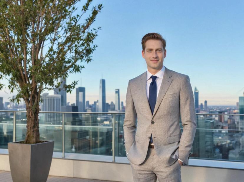 A man in a light gray suit with a blue tie stands on a rooftop terrace with a potted tree to the left and a clear view of a city skyline in the background, featuring tall skyscrapers under a blue sky.