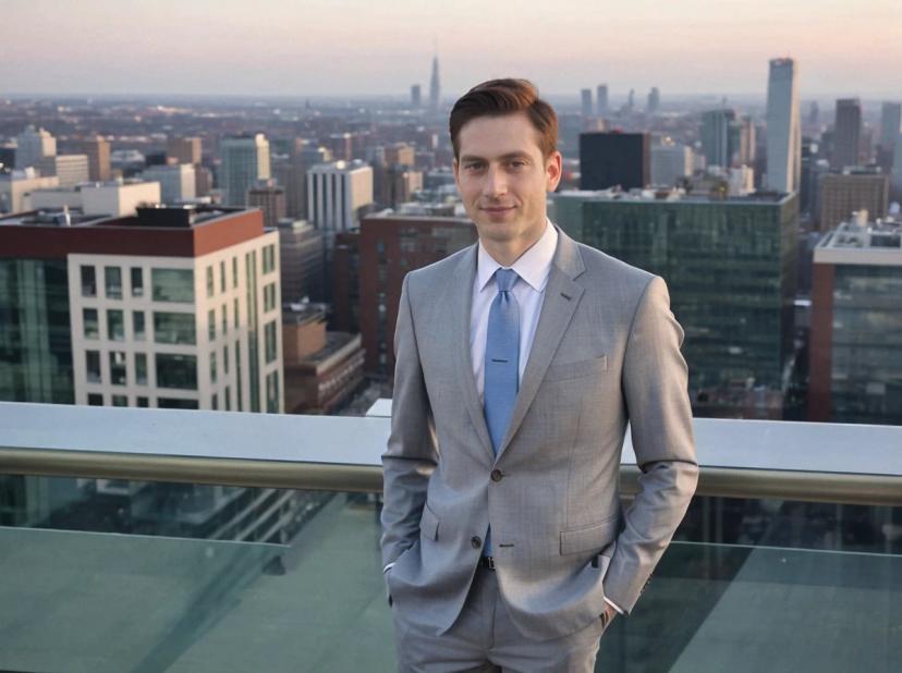 A man in a grey suit standing on a balcony with a city skyline in the background during dusk.