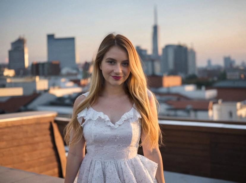 A woman with long blonde hair wearing a white dress with a ruffled neckline is standing on a rooftop. The background showcases a cityscape during sunset with buildings and a clear sky.