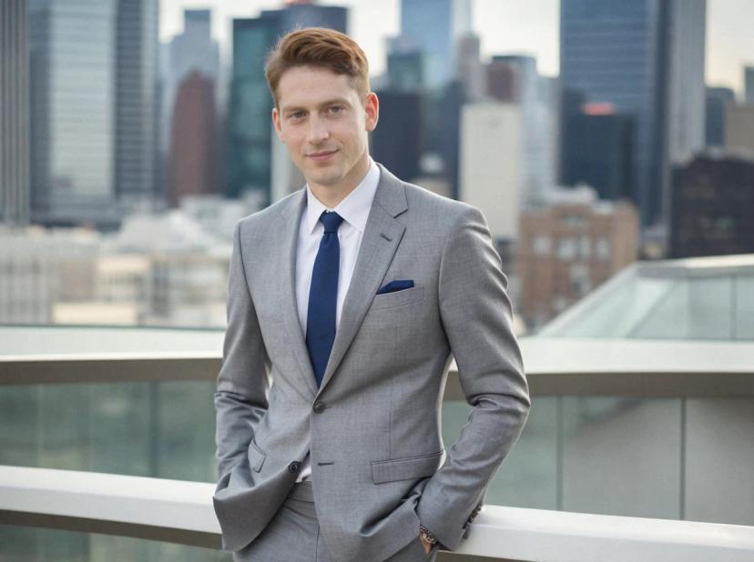 A man wearing a gray suit with a blue tie and pocket square stands with hands in pockets against a cityscape backdrop.