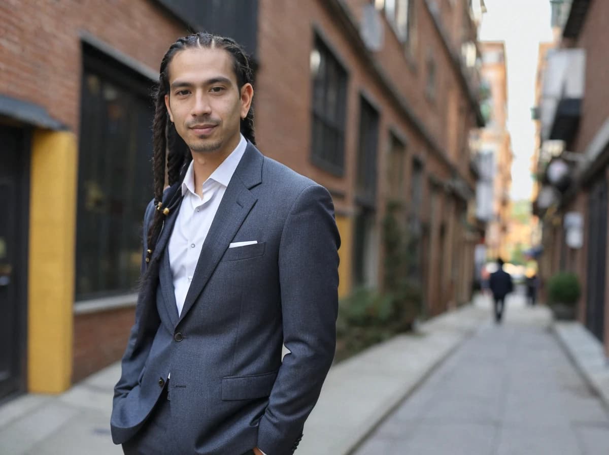 A man with long hair dressed in a smart dark suit and white shirt standing on an urban street with brick buildings lining the sidewalk and pedestrians in the distance.