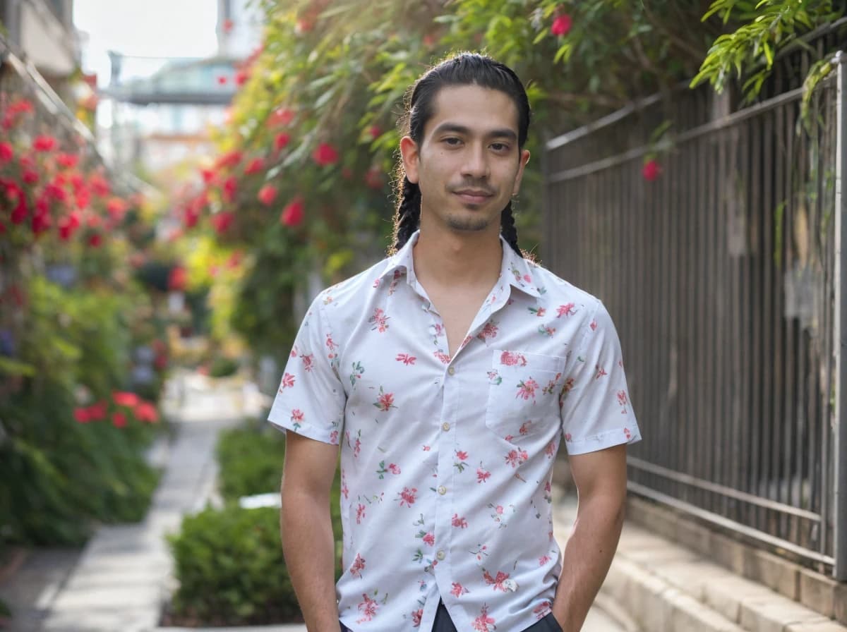 A man standing in an alley with flowering plants on either side, wearing a short-sleeved shirt with a floral pattern.