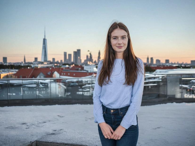 A woman standing on a rooftop with red-roofed buildings and a city skyline in the background during twilight. She is wearing a blue long-sleeved shirt and blue jeans. There is a light dusting of snow visible on the ground.