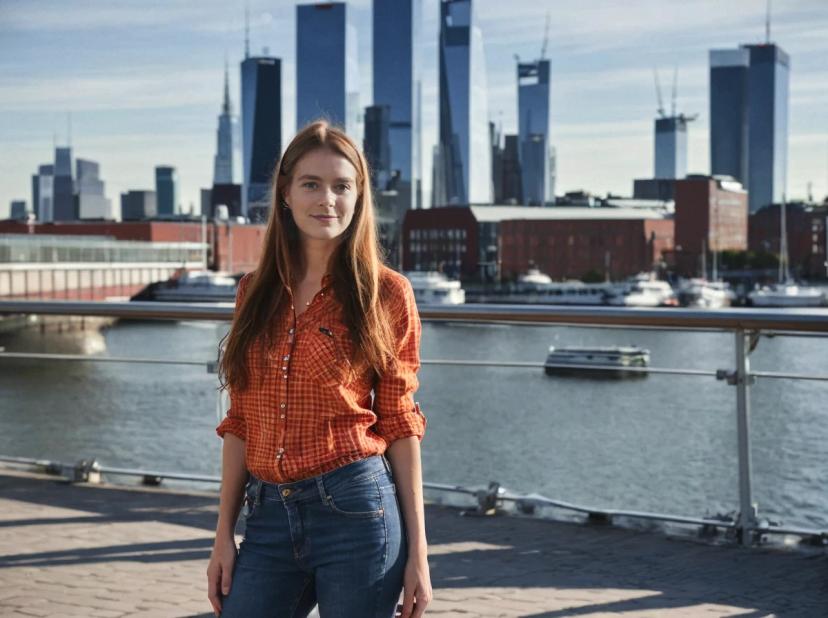 A woman wearing a red checkered shirt and blue jeans standing in front of a waterfront with a city skyline and boats in the background on a sunny day.