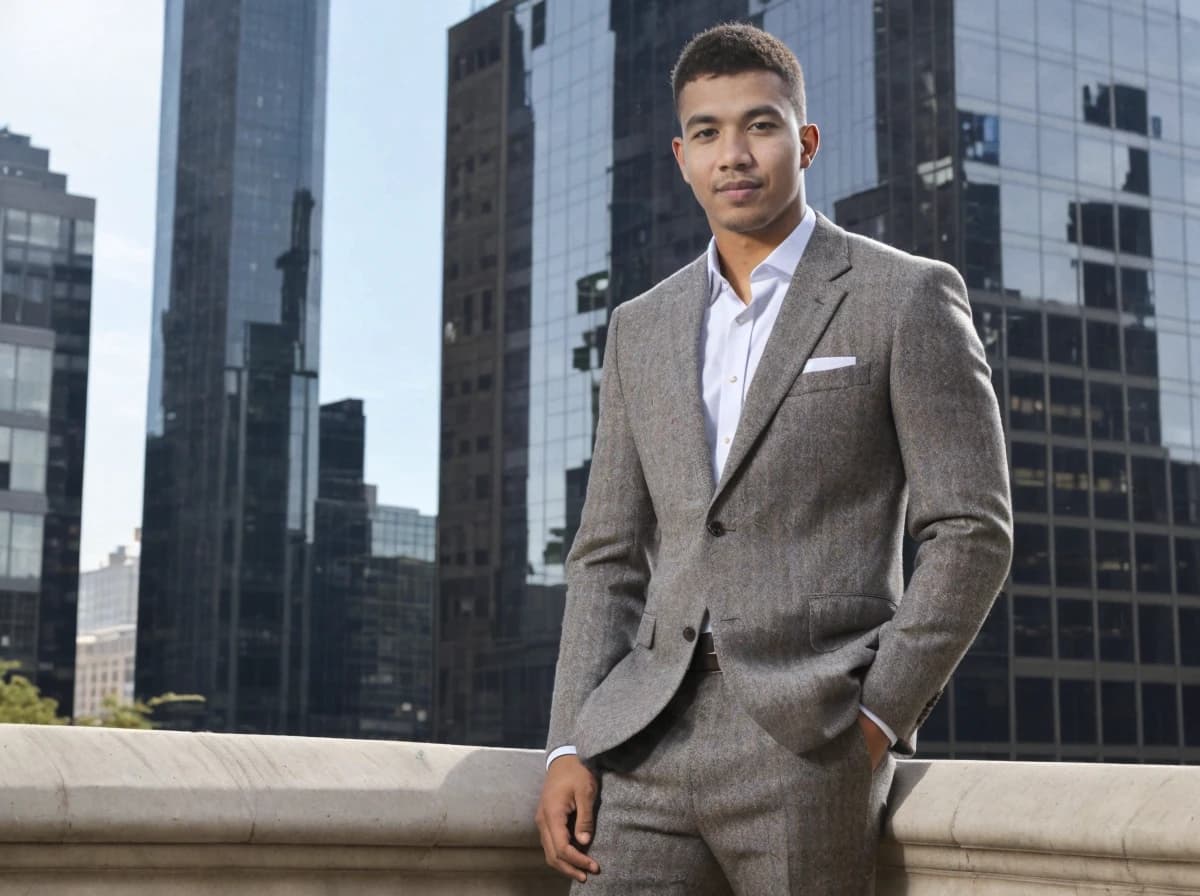 A man in a tailored grey suit stands with his hand in his pocket against a backdrop of modern skyscrapers under a clear blue sky.