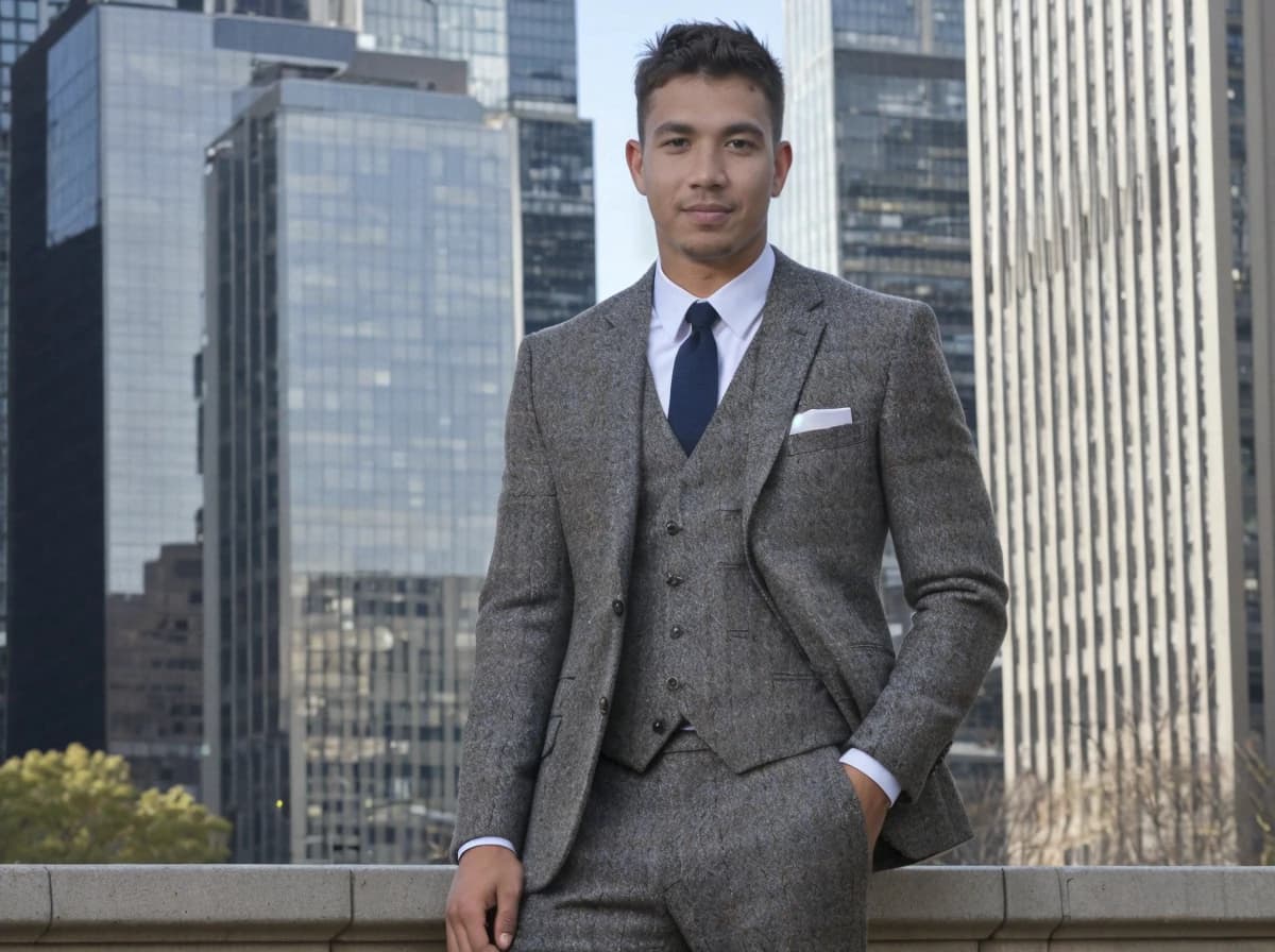 A man in a stylish gray tweed suit with a white shirt and dark blue tie standing before modern skyscraper buildings.