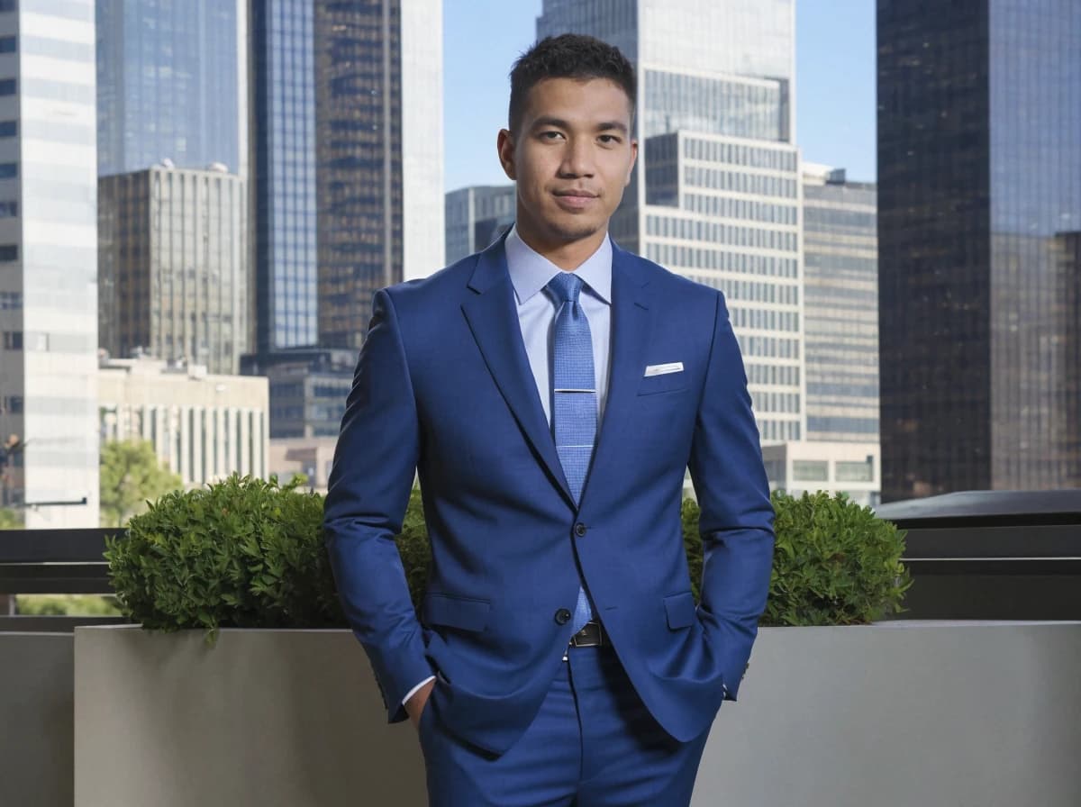 A man in a sharp blue suit with a tie and pocket square standing confidently on a balcony with a railing lined with green bushes, against a backdrop of tall city buildings under a clear sky.