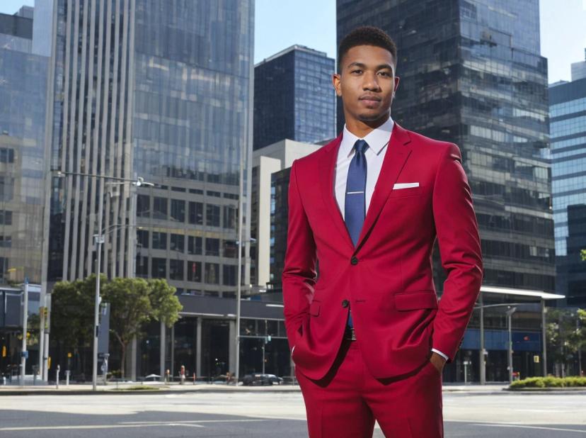 A man in a bright red suit with a blue tie and white shirt stands confidently in front of modern city buildings.
